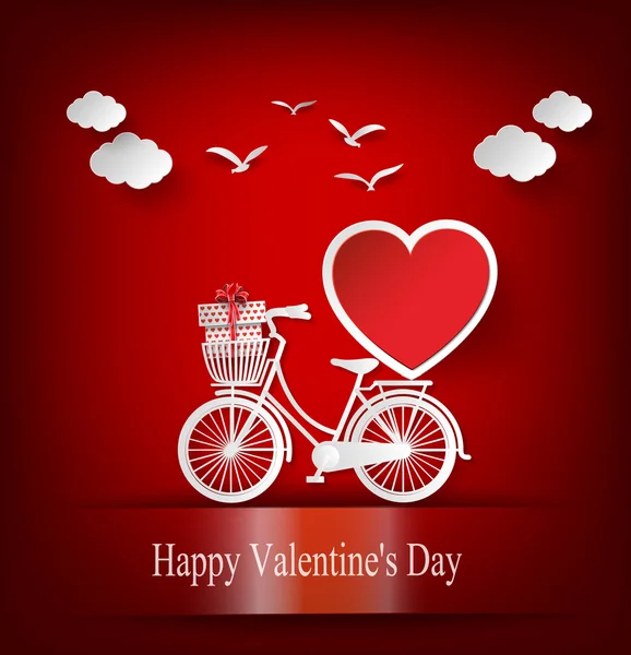 Greeting card with bike and air balloons in heart shape. — Stock Vector