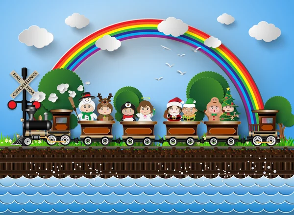 Kinderen in fancy dress zittend op een trein. — Stockvector