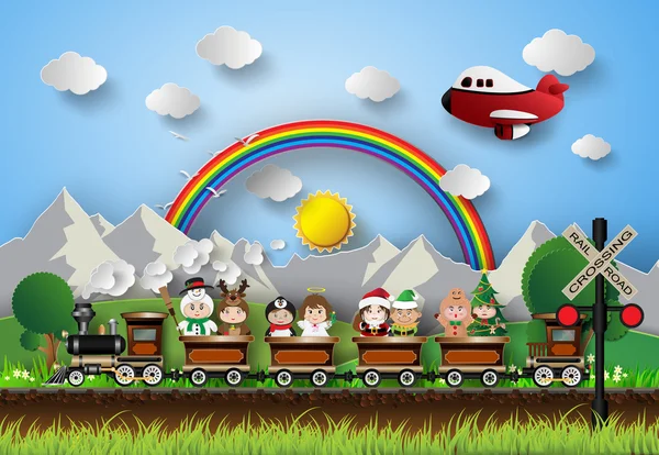 Children in fancy dress sitting on a train. — Stock Vector