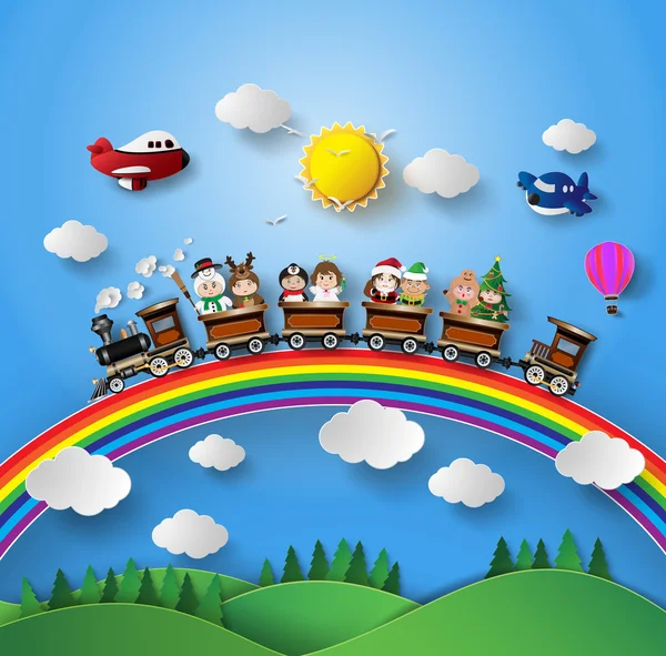 Fantezi elbise bir trende oturan çocuklarda.