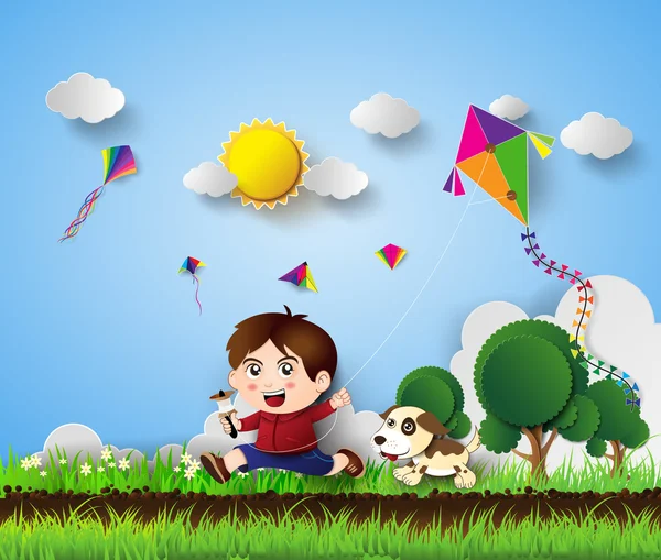 Kid playing with kite — Stock Vector