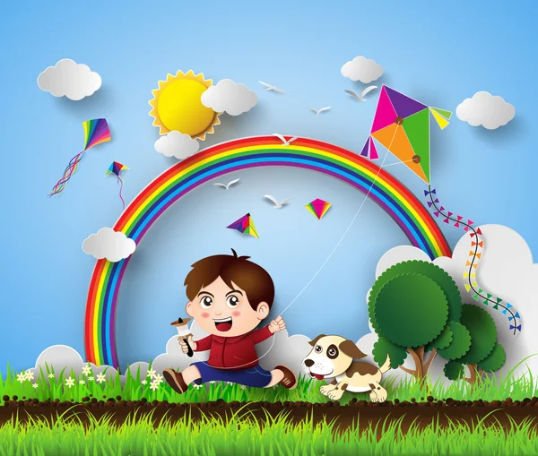 Kid playing with kite — Stock Vector