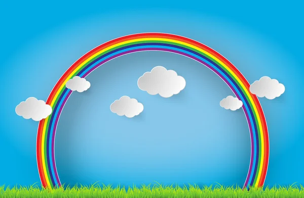 色の虹が雲と草. — ストックベクタ