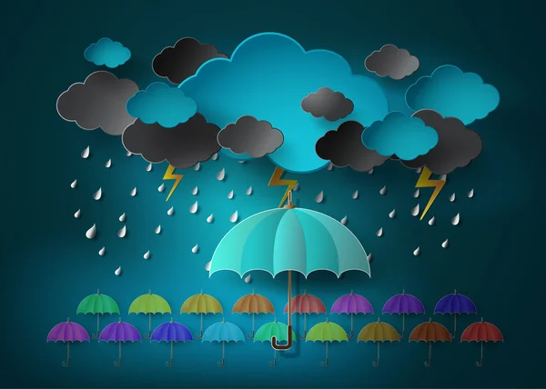 Deštník s deštěm těžkého pádu na temné obloze — Stockový vektor
