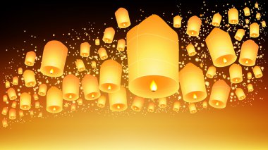 Tayland gökyüzü fenerler Festivali, Loy Krathong ve Yi Peng Festivali. vektör çizim