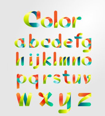 Şerit alfabesi ve renkli yazı tipi. Küçük harf a-z.