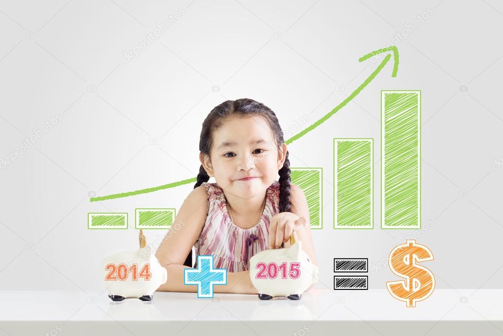 Little girl putting money on a piggy bank with a new year 2015.saving concept from 2014 until 2015 drawing