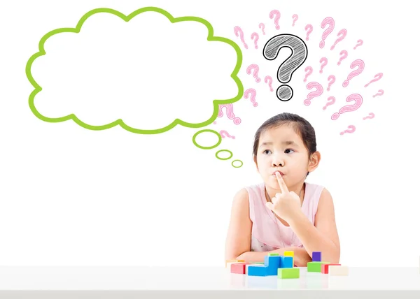 Thinking little girl with question mark over head and empty bubble isolated on white background — Stock Photo, Image