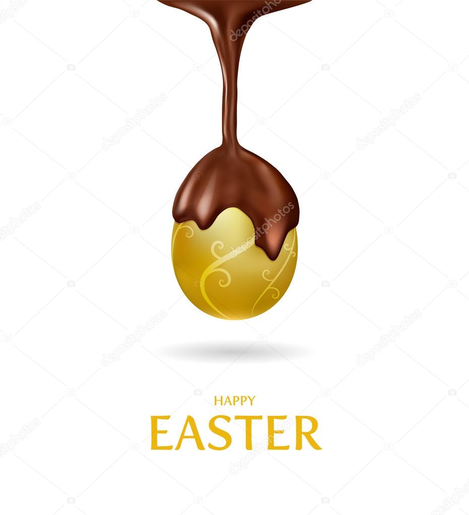 Happy Easter.Golden Egg and melted chocolate.