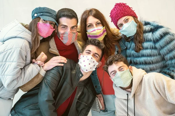 Portrait Millennial Young People Wearing Funny Fashion Face Masks Having — Stock Photo, Image