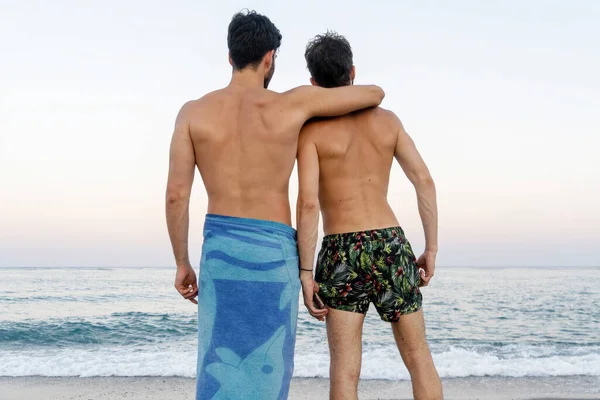 Dois Jovens Vistos Costas Abraçando Observando Horizonte Praia — Fotografia de Stock