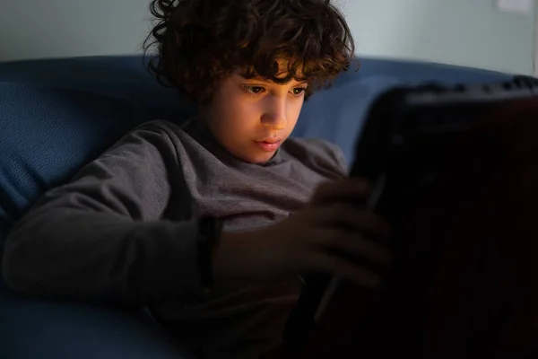 Lille Boy Watching Video Contents Playing Video Games Holding Tablet — Stock Photo, Image