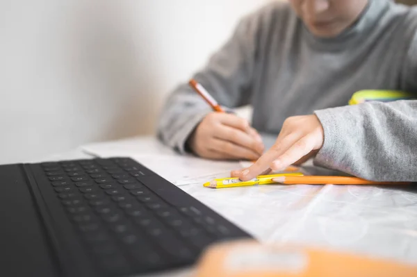 Remote Schooling Concept Kid Using Pencils Watching Online School Lessons — Stock Photo, Image