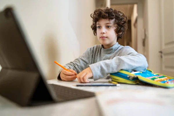 Remote Schooling Coronavirus New Normal Time Kid Making Online Lessons — Stock Photo, Image