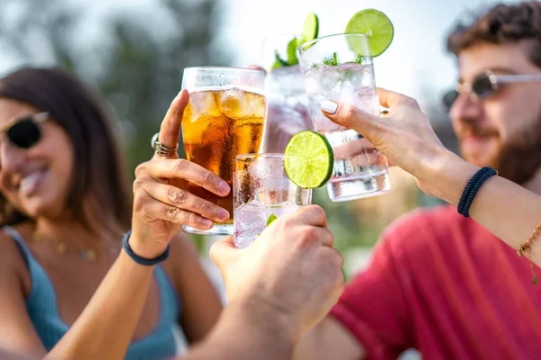 Group Young People Clinking Cocktail Glasses Outdoors Summer Gathering Friends — Stock Photo, Image