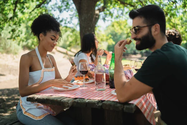 Amici Che Riuniscono Tavolo Picnic Campagna Amici Multirazziali Seduti Tavolo — Foto Stock