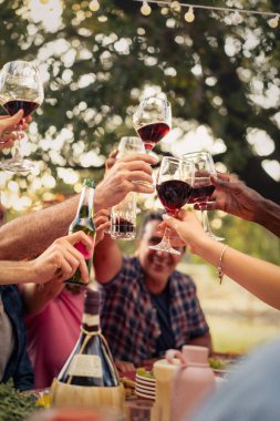 Arkadaşların kadeh kaldırırken kadeh kaldırdığı dikey bir kompozisyon. Yaz partisi atmosferi, sosyal toplanma, kutlama ve dostluk doğal ışık altında.