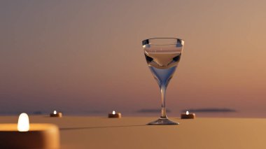 14 Şubat 3. Resim Sevgililer Günü. 2 koltuk denizin arka planında. Masada mumlar ve gözlüklerle rahatla.