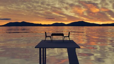 14 Şubat 3. Resim Sevgililer Günü. 2 koltuk denizin arka planında. Masada mumlar ve gözlüklerle rahatla.