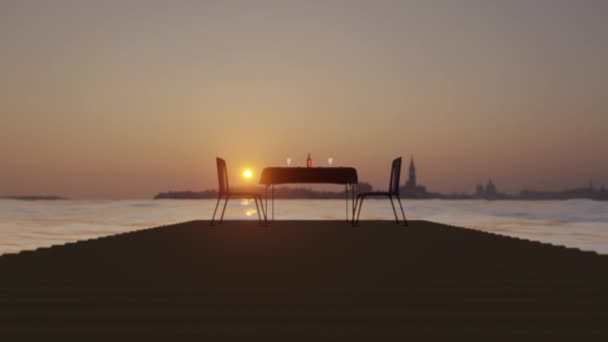 14 de febrero 3d ilustración día de San Valentín 2 sillones sobre un fondo del mar relajarse tiempo con velas y vasos sobre la mesa — Vídeo de stock