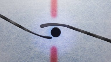 3D çizim Hokey Puck Drop. Disk yukarıdan düşer ve buza çarpar. kırmızı çizgi 