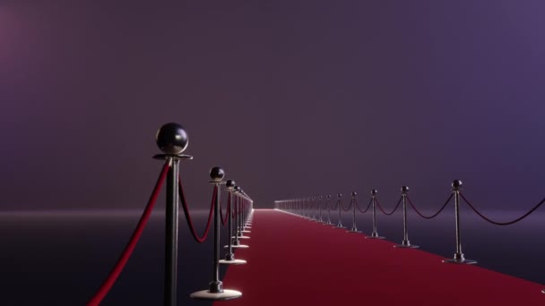 Alfombra roja y cuerdas de terciopelo sobre fondo nocturno de gala. Representación 3D. Contexto — Vídeo de stock