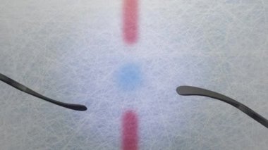 3D render Hokey Puck Drop animasyon diski yukarıdan düşer ve iki çubukla buza çarpar