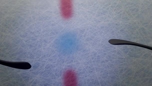 3d renderowania Hockey Puck Drop animowany krążek spada z góry i uderza lód z dwóch kij — Wideo stockowe