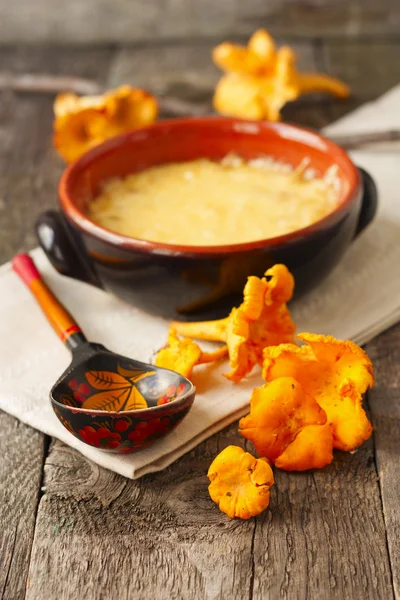 チーズと新鮮なジロル茸とキノコのキャセロール — ストック写真