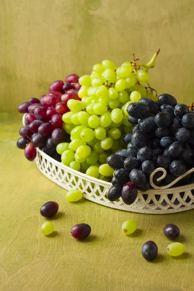 Clusters van druiven van donkere, rood en groen op een witte dienblad op een gree — Stockfoto