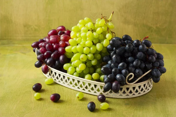 Clusters van druiven van donkere, rood en groen op een witte dienblad op een gree — Stockfoto