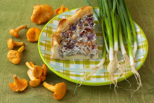 Pedaço de torta com cogumelos, cebolas frescas e cogumelos frescos — Fotografia de Stock