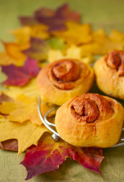 Rotoli di zucca cannella su uno sfondo di foglie di autunno — Foto Stock