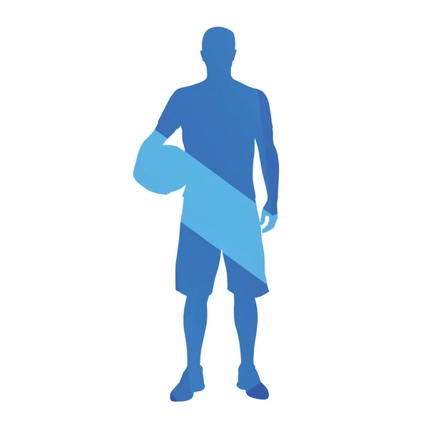 Man standing with ball, abstract blue vector silhouette — Stock Vector