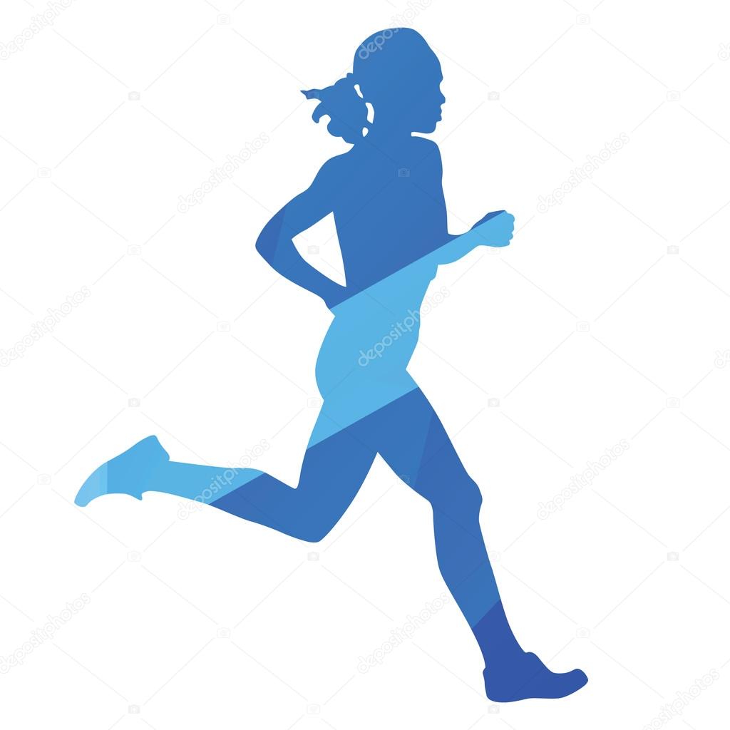 Running woman, run, jog, abstract blue vector silhouette