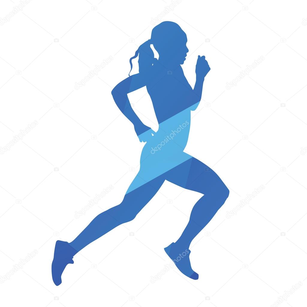 Running woman, run, jog, abstract blue vector silhouette
