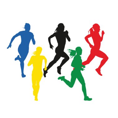 Renkli çalışan kadınlar, vector silhouettes beş koşucu dizi