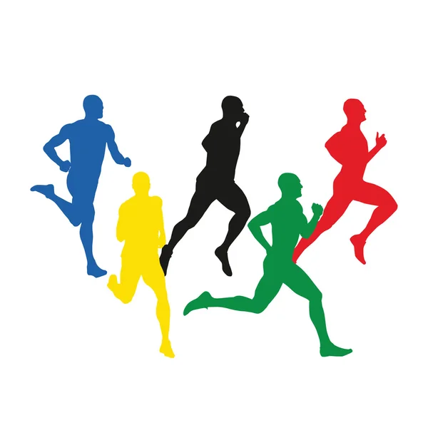 Set of colorful running men, vector silhouettes of five runners. — Stock Vector
