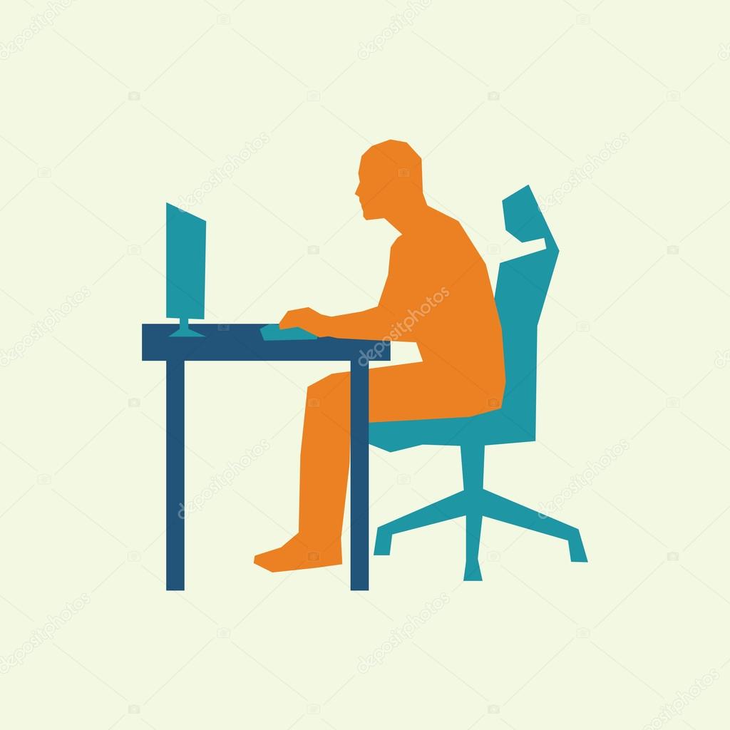 Man sits at desk and working at computer. Flat vector silhouette. Side view. Sitting, working