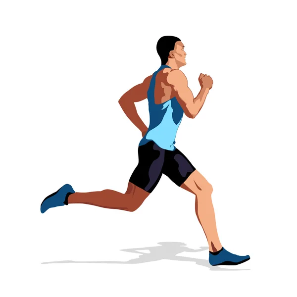 Runner illustration. Vector running man in blue jersey. Run — Stock Vector