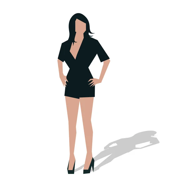 Sexy woman in black short dress stands with hands on hips. Flat — Stock Vector