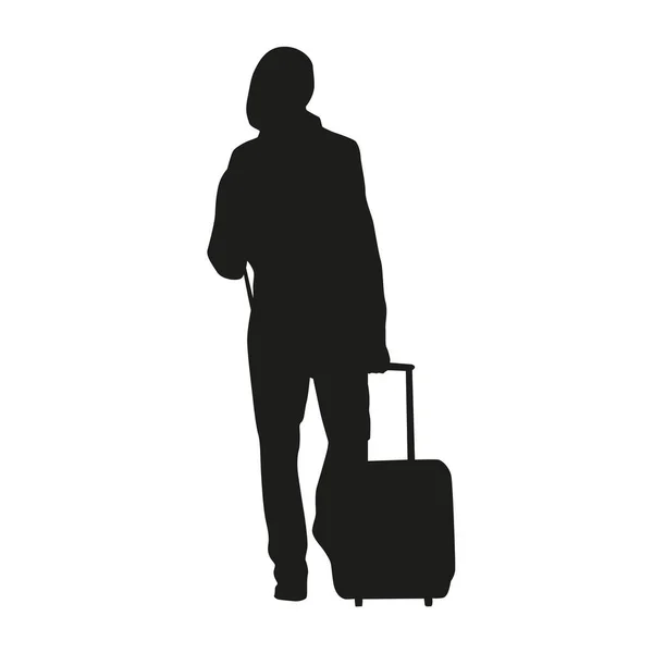 Adult Traveler Walking Suitcase Isolated Vector Silhouette Luggage — Stock Vector