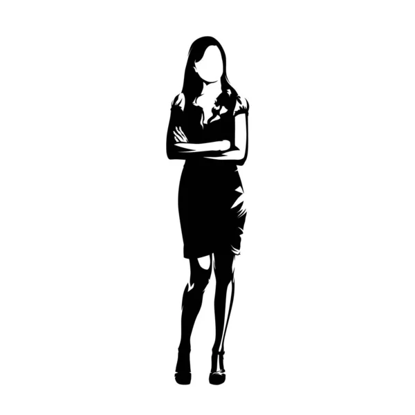 Femme Affaires Debout Silhouette Vectorielle Isolée Vue Face Dessin Encre — Image vectorielle