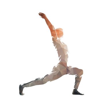 Yoga, savaşçı pozu, izole edilmiş düşük çokgen vektör çizimi, üçgenlerden geometrik çizim. Yan görüş. Yoga yapan adam.