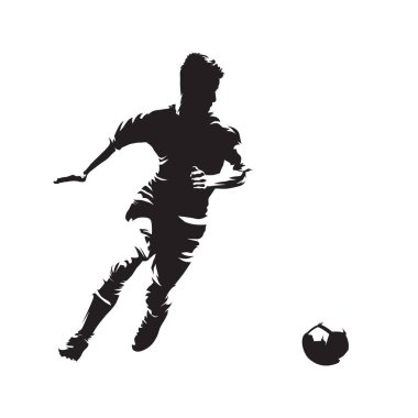 Topla koşan futbolcu, izole vektör silueti. Soyut futbol logosu. Ön görünüm