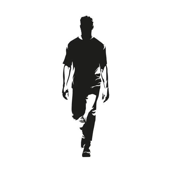 Jeune Homme Marche Vers Avant Vue Face Silhouette Vectorielle Isolée — Image vectorielle