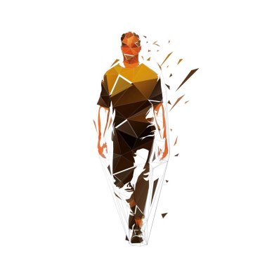 Adam üçgenlerden düşük çokgen vektör çizimi yaparak ileri doğru yürüyor. Ön görünüm, soyut geometrik izole vektör çizimi