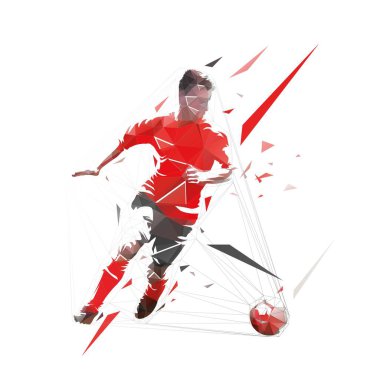 Futbolcu topla koşuyor, düşük çokgen izole vektör silueti. Soyut geometrik futbol logosu, üçgenler
