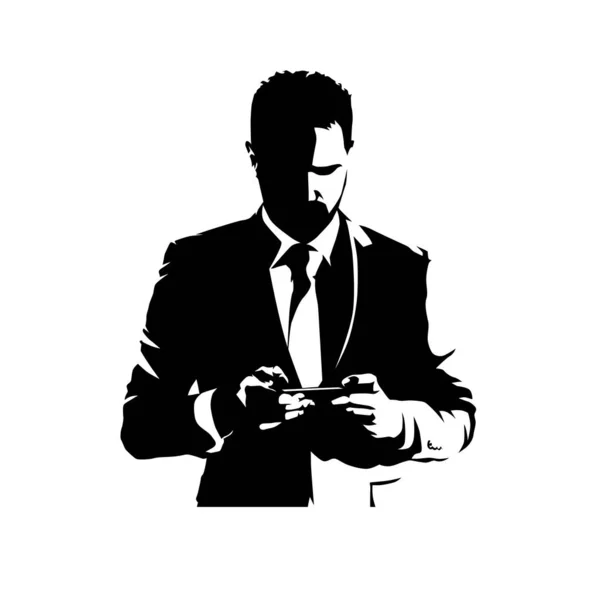 Homme Affaires Debout Textos Avec Téléphone Mobile Silhouette Vectorielle Isolée — Image vectorielle