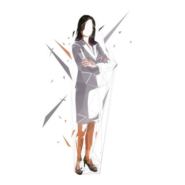 Business woman standing, isolated low polygonal vector illustration. Front view, geometric drawing of female office worker clipart